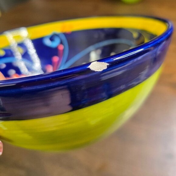 Hand-Painted Ceramic Bowl From Spain With Vibrant Blue Orange & Yellow Patterns - Picture 9 of 14